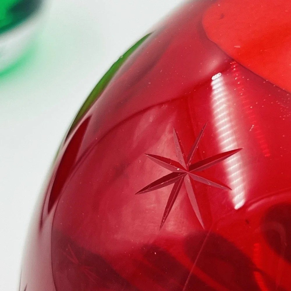 Votive Holder Set Etched Starburst Red Green Glass Hand‎ Blown Poland Christmas